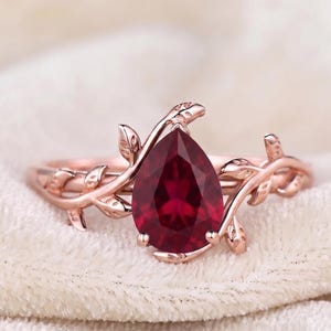 Unik förlovningsring med röd rubin, äkta rubin med päron, 14K guld vermeil, smycken med födelsesten, ring i sterlingsilver, löfte, för present