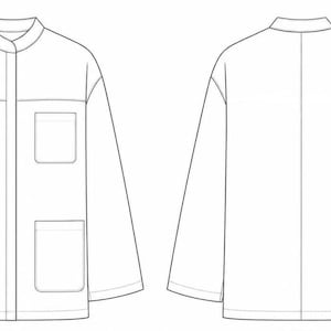 Pode incluir: Um desenho t&eacute;cnico a preto e branco de um casaco de manga comprida. A vista frontal apresenta uma gola mandarim, uma carcela central com bot&otilde;es, um bolso no peito e dois bolsos de remendo inferiores. A vista traseira mostra um design liso.