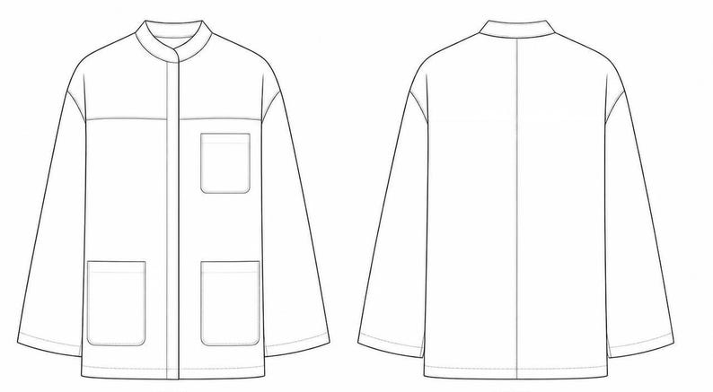 Pode incluir: Um desenho t&eacute;cnico a preto e branco de um casaco de manga comprida. A vista frontal apresenta uma gola mandarim, uma carcela central com bot&otilde;es, um bolso no peito e dois bolsos de remendo inferiores. A vista traseira mostra um design liso.