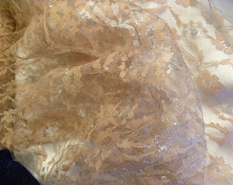 1 Yard by 36 inches Wide Vintage Cotton and Silver Metallic Flowered  Lace Net Fabric in a Tawny Tannish Rose Color Bridal Wedding