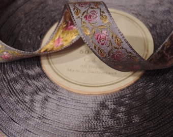1 Yd of Vintage  1940's Victorian French Floral And Vine Rayon Ribbon Trim 3/4" Wide
