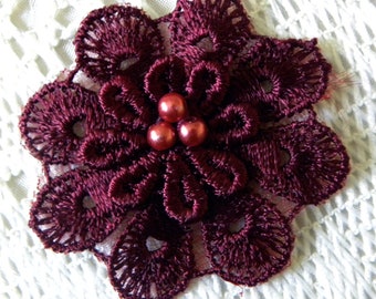 6 Vintage Victorian French Deep Burgundy Venise Lace Flower  Applique Set Of Six (6) Embellishments