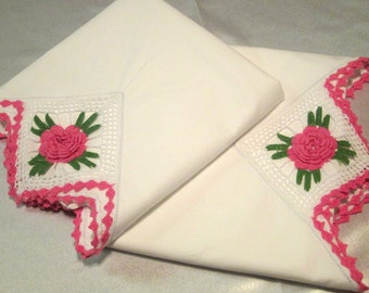 Vintage Hand Crocheted Pair of Two Pillowcases Pink and Green on White Cotton