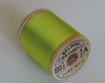 Antique 1940's Corticelli Pure Silk Hand Sewing Embroidery Thread 100 Yd. Wooden spool Shade 9124 Lime Green Color