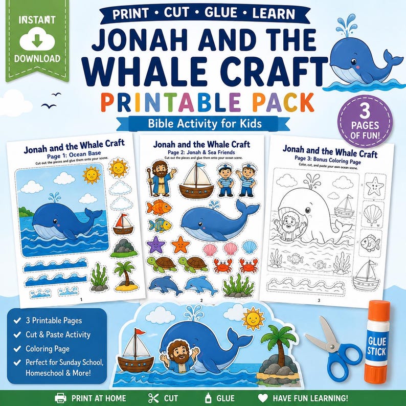 Jonah & Whale Craft Printable, Bible Story Activity , Sunday School ...