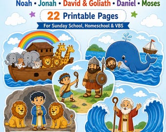 Bible Story Craft Bundle for Kids | Noah, Jonah, David & Goliath, Daniel, Moses | Sunday School Printable, Homeschool PDF