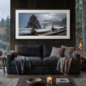Arte murale del Pacifico nord-occidentale, Parco nazionale olimpico, stampa digitale scaricabile, paesaggio di Moody Beach Sea Stacks, grande stampa artistica orizzontale