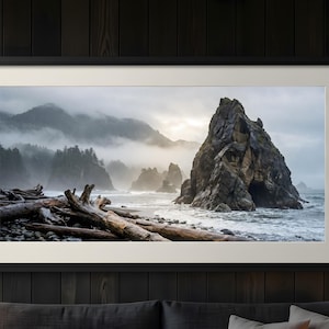 Arte murale del Pacifico nord-occidentale, Parco nazionale olimpico, stampa digitale scaricabile, paesaggio di Moody Beach Sea Stacks, grande stampa artistica orizzontale