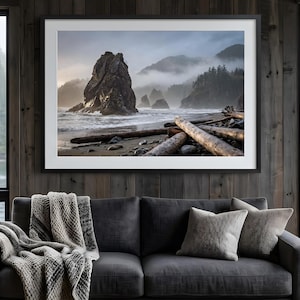 Pacific Northwest kunst aan de muur, Olympic National Park digitale download print, Moody Beach Sea Stacks landschap, grote horizontale afdrukbare kunst