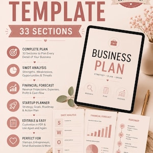 May include: A business plan template document featuring 33 sections, including SWOT analysis, financial forecast, and roadmap. The design uses a soft pink and white color palette with icons for research, planning, and success. Text includes Business Plan Template, Instant Download, and Editable PDF.