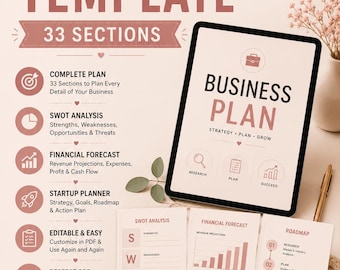 May include: A business plan template document featuring 33 sections, including SWOT analysis, financial forecast, and roadmap. The design uses a soft pink and white color palette with icons for research, planning, and success. Text includes Business Plan Template, Instant Download, and Editable PDF.