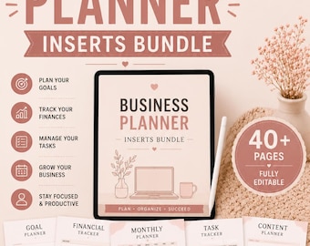 May include: A digital business planner inserts bundle featuring a tablet displaying a cover page with the text Business Planner Inserts Bundle, accompanied by five printed planner sheets including goal, financial, monthly, task, and content trackers.