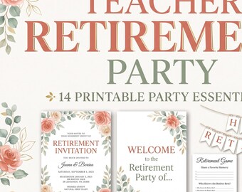 May include: A digital set of 14 printable teacher retirement party essentials featuring floral accents in peach and green. The text reads Teacher Retirement Party, 14 Printable Party Essentials, Retirement Invitation, Welcome to the Retirement Party of, Happy Retirement, and Retirement Game.