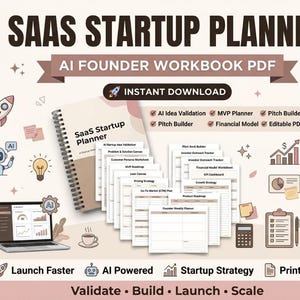 Könnte beinhalten: Ein SaaS-Startup-Planer AI Founder Workbook PDF mit spiralgebundenem Notizbuch und druckbaren Seiten. Enthält KI-Ideenvalidierung, MVP-Planer, Pitch-Builder, Finanzmodell und bearbeitbares PDF mit Symbolen von Rakete, Roboter, Laptop und Diagrammen.