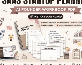 May include: A SaaS Startup Planner AI Founder Workbook PDF with a spiral-bound notebook and multiple printable pages. Features include AI Idea Validation, MVP Planner, Pitch Builder, Financial Model, and Editable PDF. Includes icons of a rocket, robot, laptop, and charts.