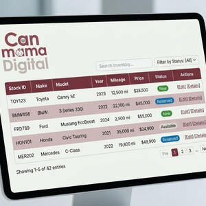 May include: A digital tablet screen displaying a vehicle inventory management dashboard titled Can mama Digital. The table lists columns for Stock ID, Make, Model, Year, Mileage, Price, Status, and Actions for various cars including Toyota, BMW, Ford, Honda, and Mercedes.