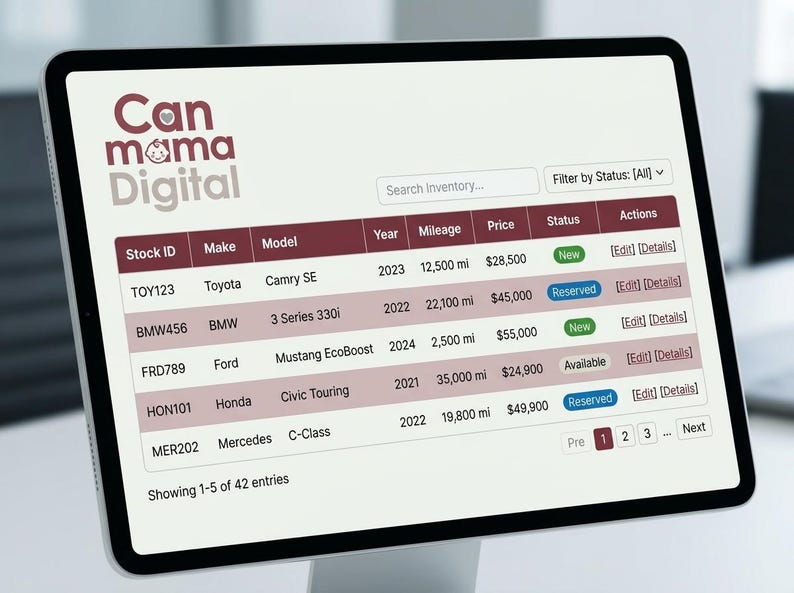 May include: A digital tablet screen displaying a vehicle inventory management dashboard titled Can mama Digital. The table lists columns for Stock ID, Make, Model, Year, Mileage, Price, Status, and Actions for various cars including Toyota, BMW, Ford, Honda, and Mercedes.