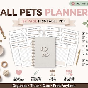 All Pets Planner Printable PDF | Dog Cat Rabbit Bird Fish Reptile | Vet Records Vaccine Tracker | 27 Pages Pet Care | Instant Download
