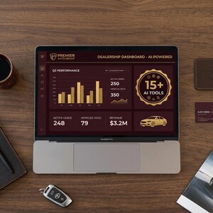 May include: A laptop displaying a Premier Auto Group dealership dashboard with Q3 performance charts, 15+ AI tools, and sales metrics. The screen shows active leads, vehicles sold, and revenue figures alongside a car icon on a dark maroon background.