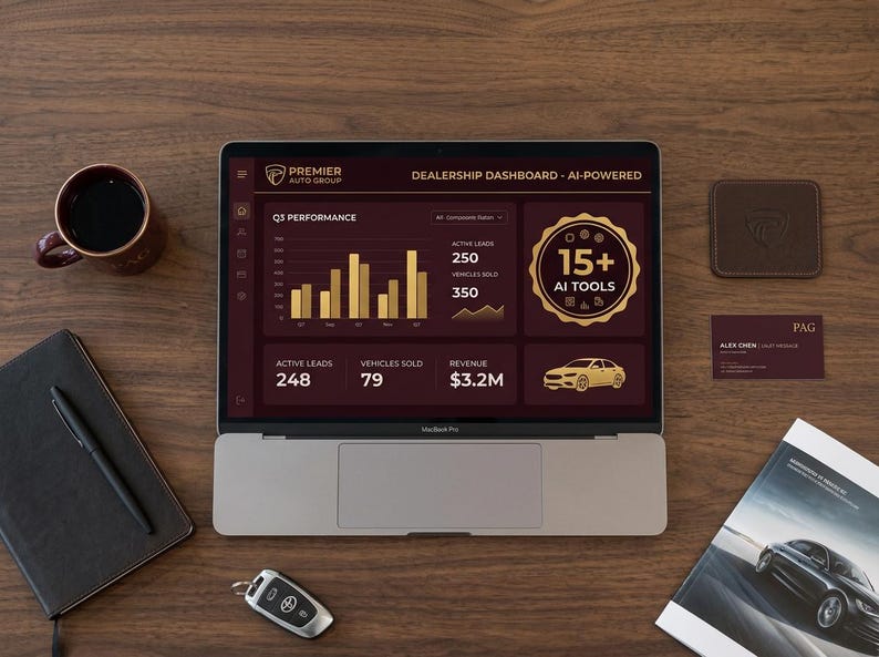 May include: A laptop displaying a Premier Auto Group dealership dashboard with Q3 performance charts, 15+ AI tools, and sales metrics. The screen shows active leads, vehicles sold, and revenue figures alongside a car icon on a dark maroon background.