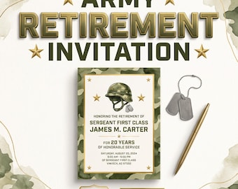 May include: An Army retirement invitation card featuring a camouflage border, a military helmet, and dog tags. The text reads: Honoring the retirement of Sergeant First Class James M. Carter for 20 years of honorable service, Saturday, August 20, 2024.