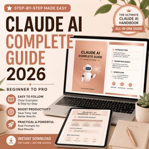 May include: A digital product display featuring the Claude AI Complete Guide 2026 on a laptop and tablet screen. The design uses a rose gold and brown color palette with text detailing the guide as an all-in-one resource for beginners to pros.