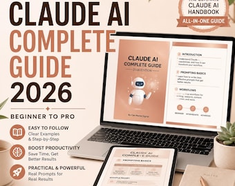 May include: A digital product display featuring the Claude AI Complete Guide 2026 on a laptop and tablet screen. The design uses a rose gold and brown color palette with text detailing the guide as an all-in-one resource for beginners to pros.