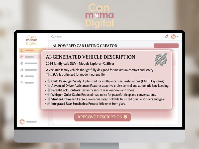 May include: A computer screen displaying the Can Mama Digital AI-Powered Car Listing Creator interface. A pop-up window shows an AI-generated vehicle description for a 2024 silver Explorer-X SUV, highlighting safety, comfort, and cargo features.