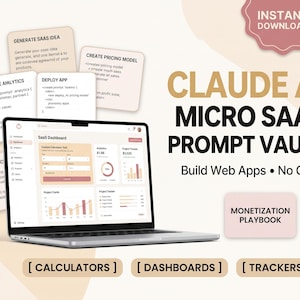Può includere: Un computer portatile che mostra una dashboard SaaS con grafici e dati, circondato da schede fluttuanti contenenti prompt di testo per generare idee SaaS, modelli di prezzo e analisi. Il testo recita Claude AI Micro SaaS Prompt Vault.