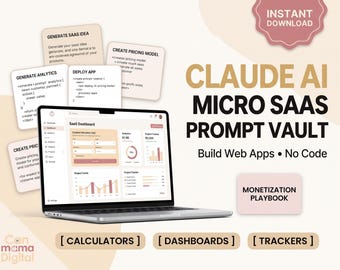 May include: A laptop displaying a SaaS dashboard with charts and data, surrounded by floating cards containing text prompts for generating SaaS ideas, pricing models, and analytics. The text reads Claude AI Micro SaaS Prompt Vault.