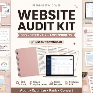 May include: A digital website audit kit featuring a spiral-bound notebook, a laptop displaying a dashboard, and various report templates. The text reads Premium Etsy Cover, Website Audit Kit, SEO, Speed, UX, Accessibility, and Instant Download.