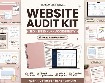 May include: A digital website audit kit featuring a spiral-bound notebook, a laptop displaying a dashboard, and various report templates. The text reads Premium Etsy Cover, Website Audit Kit, SEO, Speed, UX, Accessibility, and Instant Download.