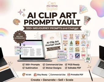May include: A digital product display featuring the text AI CLIP ART PROMPT VAULT 500+ MIDJOURNEY PROMPTS and Chatgpt. The image includes a laptop screen showing a prompt dashboard, a spiral-bound notebook, and a grid of various clip art icons.