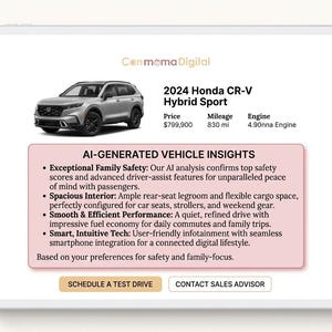 May include: A digital display showing a 2024 Honda CR-V Hybrid Sport with text details including price, mileage, and engine specs. Below is a pink box titled AI-GENERATED VEHICLE INSIGHTS with bullet points on safety, interior, performance, and tech.