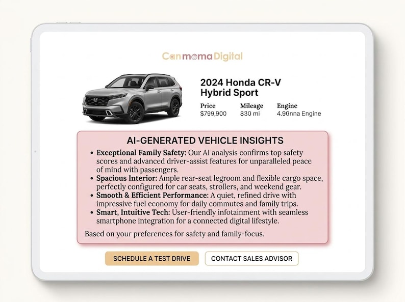 May include: A digital display showing a 2024 Honda CR-V Hybrid Sport with text details including price, mileage, and engine specs. Below is a pink box titled AI-GENERATED VEHICLE INSIGHTS with bullet points on safety, interior, performance, and tech.