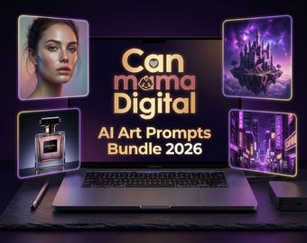 May include: A laptop screen displays the text Can mama Digital AI Art Prompts Bundle 2026. Four floating square panels surround the screen, showing a portrait of a person, a perfume bottle, a floating castle, and a neon-lit city street scene.