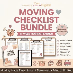 May include: A digital moving checklist bundle featuring an 8-week moving planner, packing lists, budget tracker, and box labels. The design includes a spiral-bound timeline, clipboards, and icons of boxes, keys, and a house on a light background.