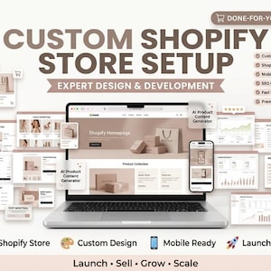 May include: A digital marketing graphic for a custom Shopify store setup service. The image features a laptop displaying a website homepage, surrounded by various UI interface mockups, analytics charts, and text labels including Custom Shopify Store Setup.