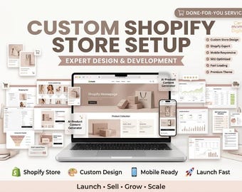 May include: A digital marketing graphic for a custom Shopify store setup service. The image features a laptop displaying a website homepage, surrounded by various UI interface mockups, analytics charts, and text labels including Custom Shopify Store Setup.