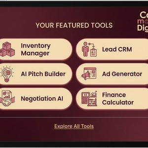 May include: A digital interface titled YOUR FEATURED TOOLS by Can mama Digital. It displays six rounded buttons with icons and labels: Inventory Manager, Lead CRM, AI Pitch Builder, Ad Generator, Negotiation AI, and Finance Calculator, plus a link for Explore All Tools.