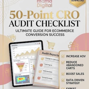 May include: A digital document titled 50-Point CRO Audit Checklist, Ultimate Guide for Ecommerce Conversion Success. It features a tablet displaying analytics charts, an open report, and a list of benefits including Increase AOV and Boost Sales.