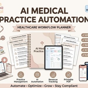 May include: A digital healthcare workflow planner set titled AI MEDICAL PRACTICE AUTOMATION. Includes a spiral-bound notebook, tablet, and smartphone displaying dashboards, plus icons for a stethoscope, clinic, and brain. Features text: HIPAA Workflow, EHR Integration, Revenue Cycle, AI Prompts, Editable PDF, Automate, Optimize, Grow, Stay Compliant.