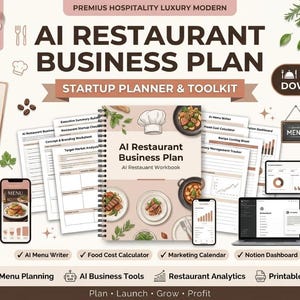 May include: An AI restaurant business plan startup planner and toolkit featuring a spiral-bound workbook, various printed document templates, a smartphone, and a laptop displaying digital dashboards, all decorated with food illustrations and icons.