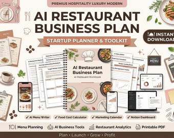 May include: An AI restaurant business plan startup planner and toolkit featuring a spiral-bound workbook, various printed document templates, a smartphone, and a laptop displaying digital dashboards, all decorated with food illustrations and icons.