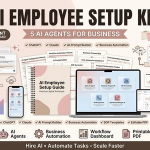 May include: An AI Employee Setup Kit digital product bundle featuring a spiral-bound workbook, laptop, and smartphone displaying business automation dashboards, AI agent configurations, and workflow planners with text including AI Employee Setup Guide.