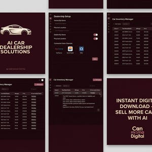 May include: A digital interface for AI Car Dealership Solutions featuring a car icon, dealership setup fields, and a car inventory manager table. The dark maroon layout displays vehicle stock numbers, models, mileage, prices, and status text.