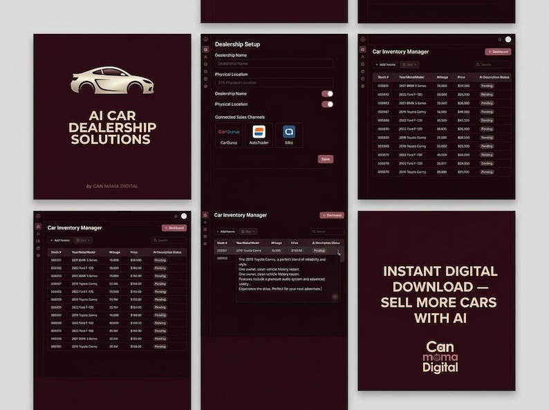 May include: A digital interface for AI Car Dealership Solutions featuring a car icon, dealership setup fields, and a car inventory manager table. The dark maroon layout displays vehicle stock numbers, models, mileage, prices, and status text.
