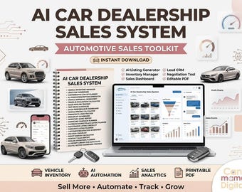 May include: An AI car dealership sales system toolkit featuring a spiral-bound notebook, a laptop displaying a dashboard, car images, and key fobs. The text reads AI CAR DEALERSHIP SALES SYSTEM, AUTOMOTIVE SALES TOOLKIT, and lists various management tools.