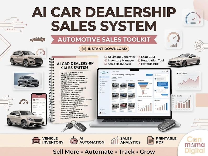 May include: An AI car dealership sales system toolkit featuring a spiral-bound notebook, a laptop displaying a dashboard, car images, and key fobs. The text reads AI CAR DEALERSHIP SALES SYSTEM, AUTOMOTIVE SALES TOOLKIT, and lists various management tools.