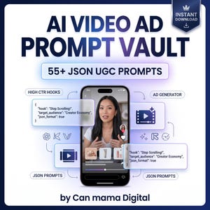 May include: A digital product titled AI VIDEO AD PROMPT VAULT 55+ JSON UGC PROMPTS by Can mama Digital. The graphic features a smartphone displaying a video of a person, surrounded by floating code snippets, icons, and labels like HIGH CTR HOOKS.